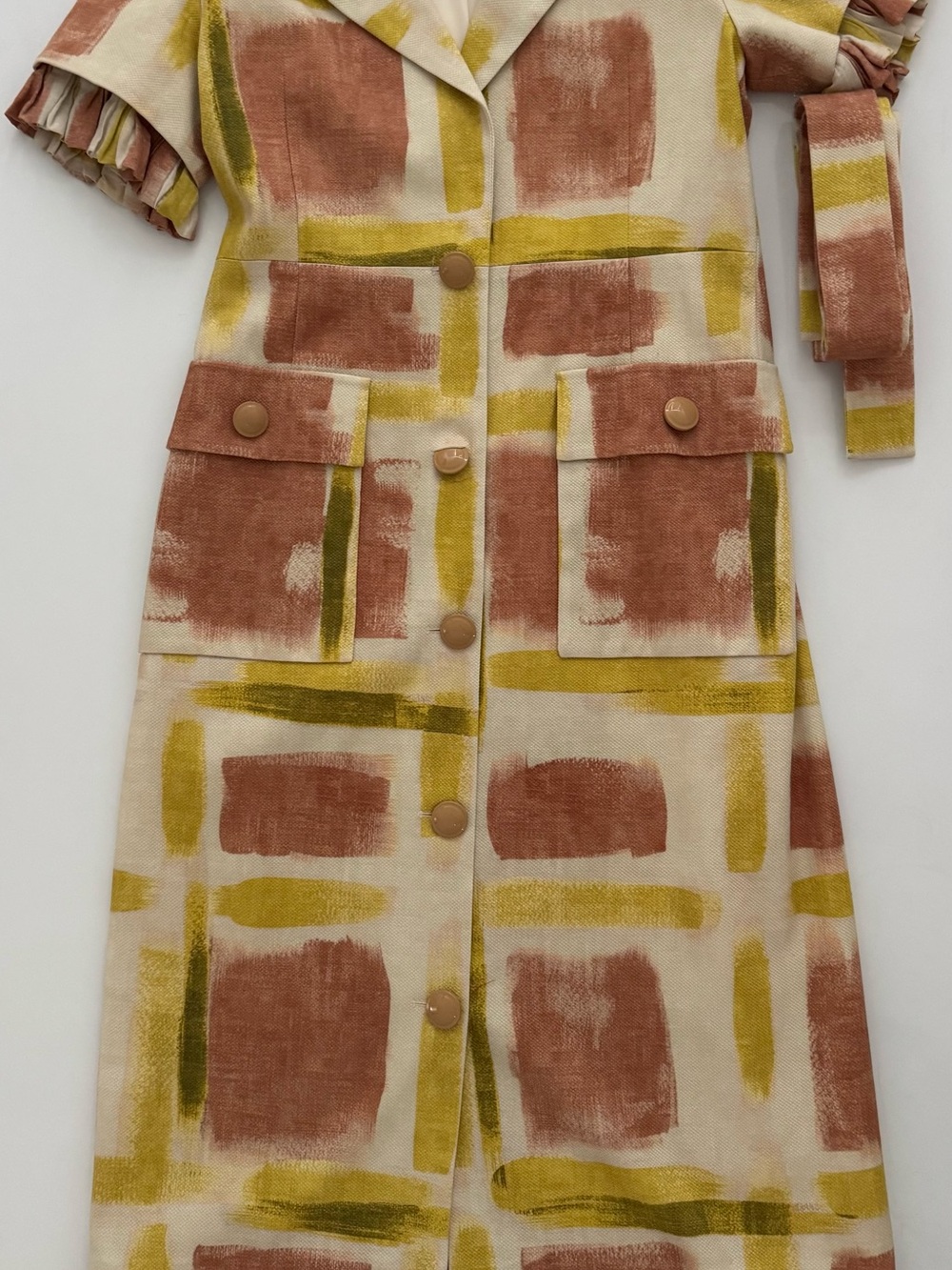 Alexis Beige Midi Dress with Rust & Mustard Abstract Blocks - Never Worn
